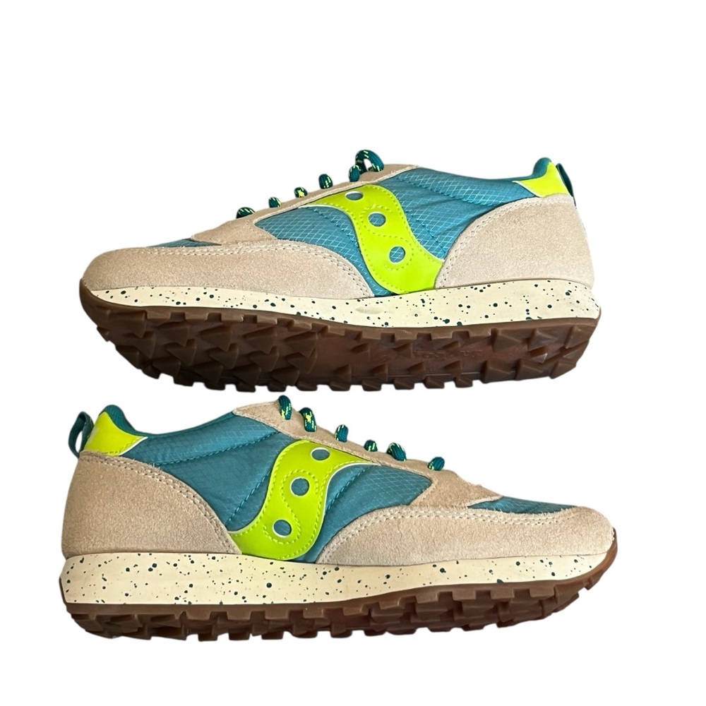 Saucony‎ Women Jazz Original Casual Suede size 7 Neon Green Teal Tan - Picture 3 of 8